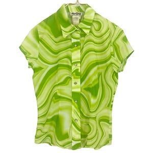 VINTAGE NWT Y2K Trippy Psychedelic Acid Green Swirl Print Pearl Button Up